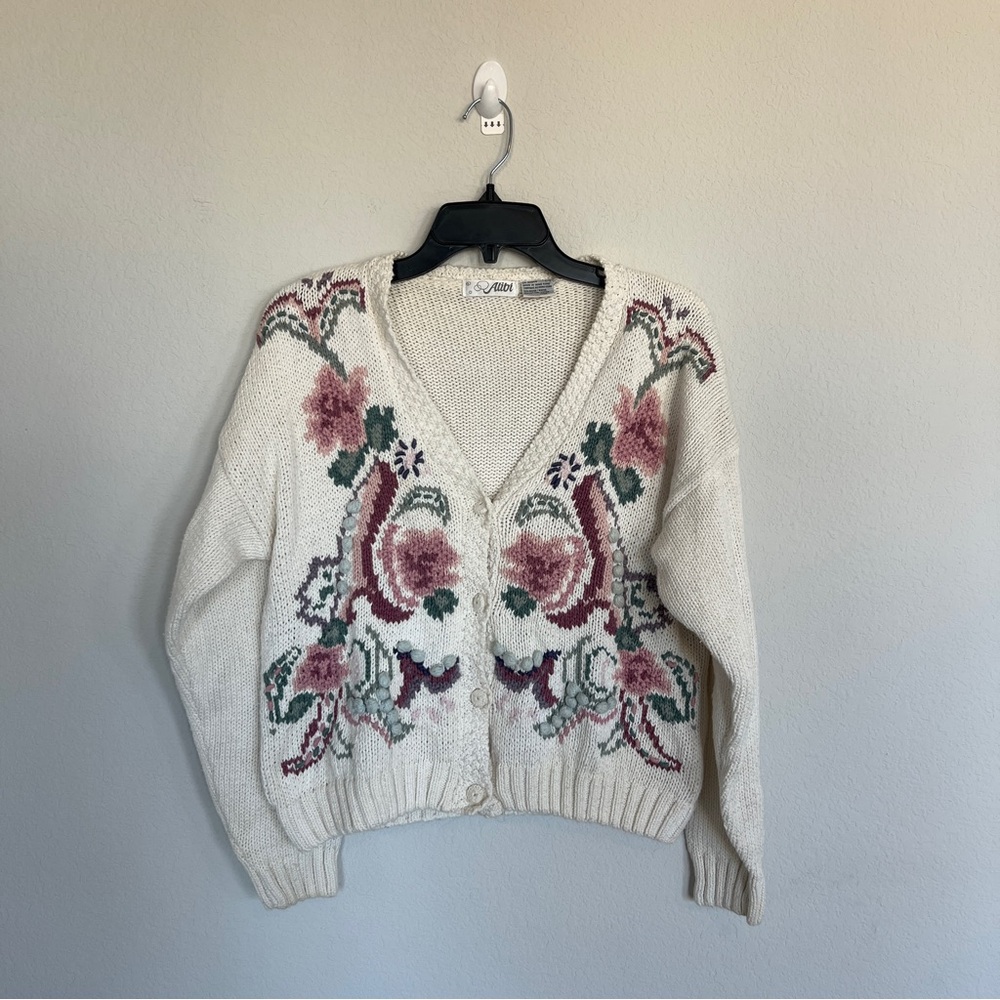 Alibi Vintage Bobble Cardigan Size L 3D Floral Button Up Cottagecore